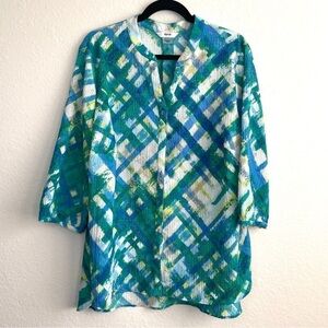Alia Plus Blue and Green Button Down Blouse Crinkle Fabric 3/4 Sleeves
